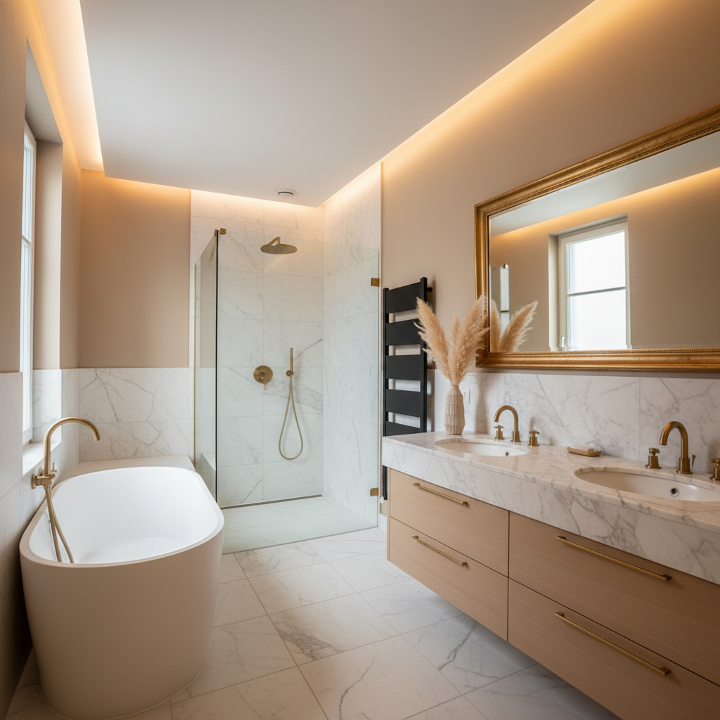 Inspiration d’aménagement : douche, meuble vasque et finitions de salle de bain